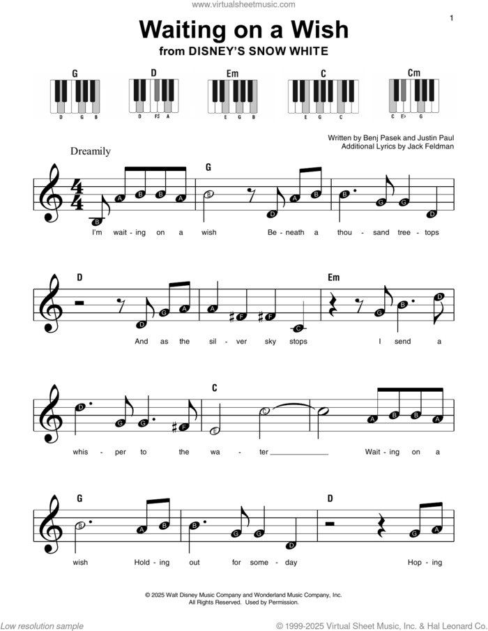 Waiting On A Wish (from Snow White) sheet music for piano solo by Rachel Zegler, Benj Pasek, Jack Feldman and Justin Paul, beginner skill level