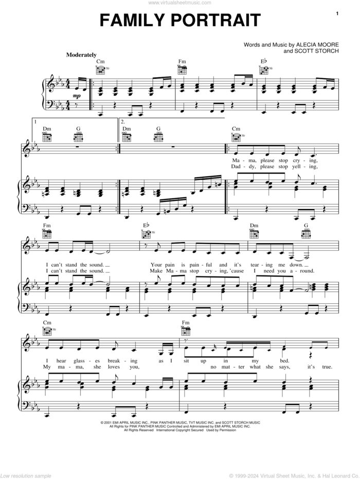 Family Portrait sheet music for voice, piano or guitar , P!nk, Alecia Moore and Scott Storch, intermediate skill level