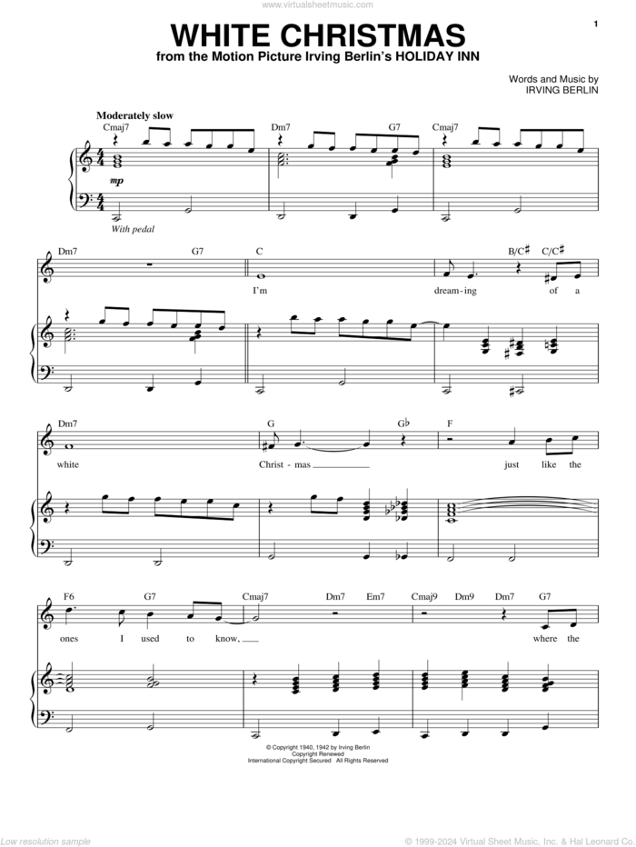 White Christmas sheet music for voice and piano by Andy Williams and Irving Berlin, intermediate skill level