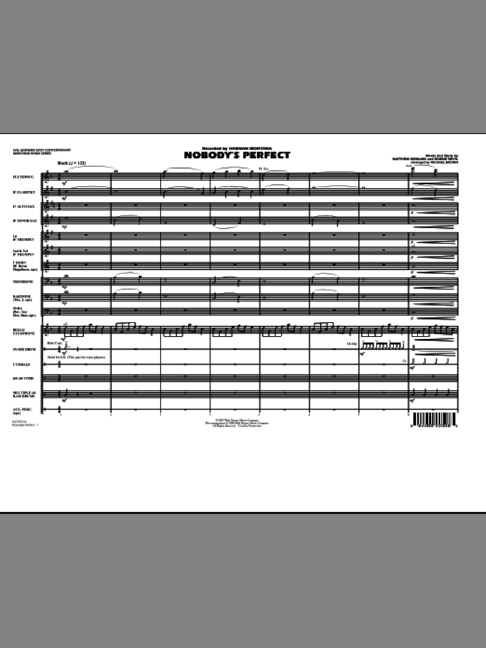 Nobody's Perfect (COMPLETE) sheet music for marching band by Matthew Gerrard, Robbie Nevil, Hannah Montana, Michael Brown and Miley Cyrus, intermediate skill level