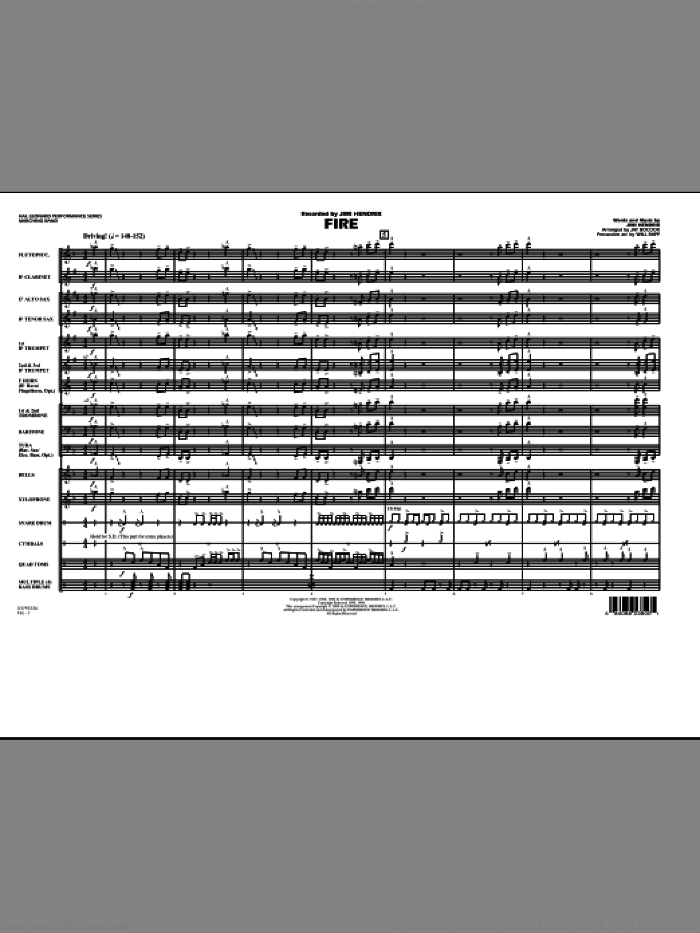 Fire (COMPLETE) sheet music for marching band by Jimi Hendrix, Jay Bocook and Will Rapp, intermediate skill level
