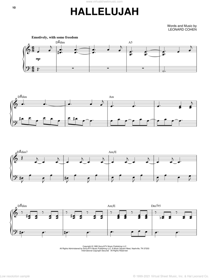 Hallelujah sheet music for voice and piano by Leonard Cohen, intermediate skill level
