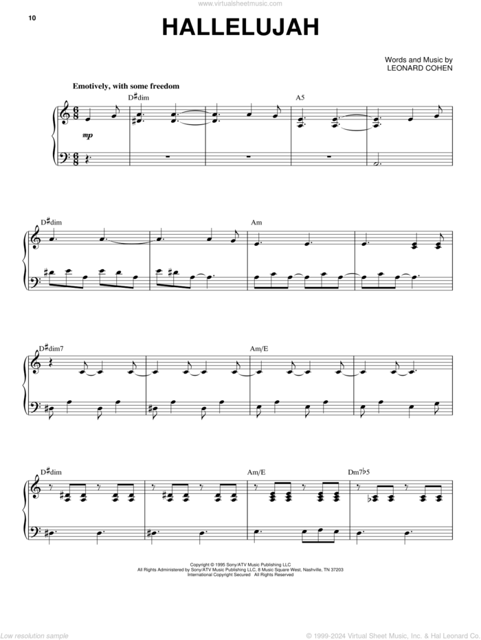 Hallelujah sheet music for voice and piano by Leonard Cohen, intermediate skill level