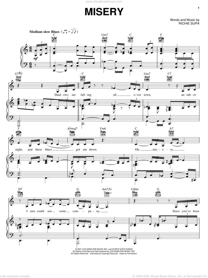 Misery sheet music for voice, piano or guitar , P!nk and Richie Supa, intermediate skill level