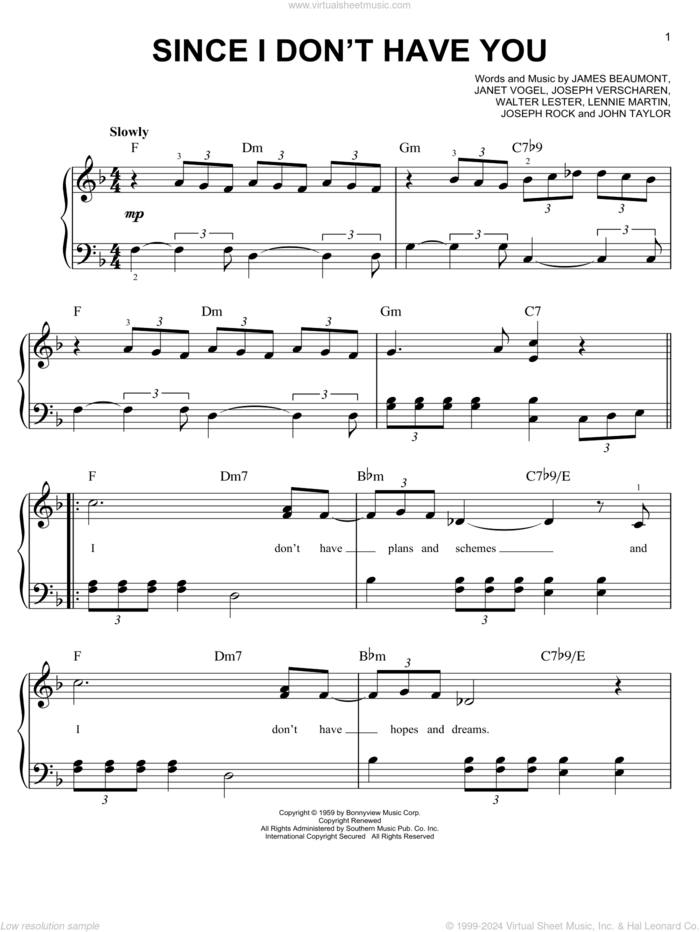 Since I Don't Have You sheet music for piano solo by The Skyliners, James Beaumont, Janet Vogel, John Taylor, Joseph Rock, Joseph Verscharen, Lennie Martin and Walter Lester, easy skill level