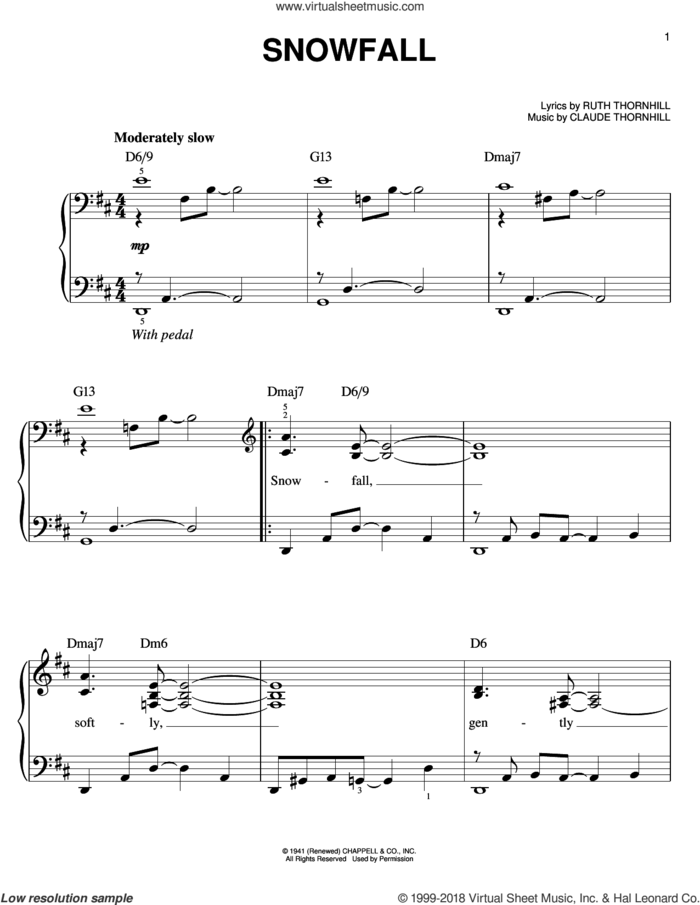 Snowfall, (easy) sheet music for piano solo by Tony Bennett, Claude Thornhill and Ruth Thornhill, easy skill level