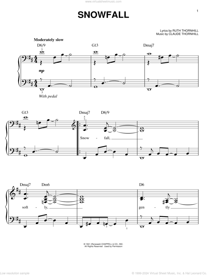 Snowfall, (easy) sheet music for piano solo by Tony Bennett, Claude Thornhill and Ruth Thornhill, easy skill level