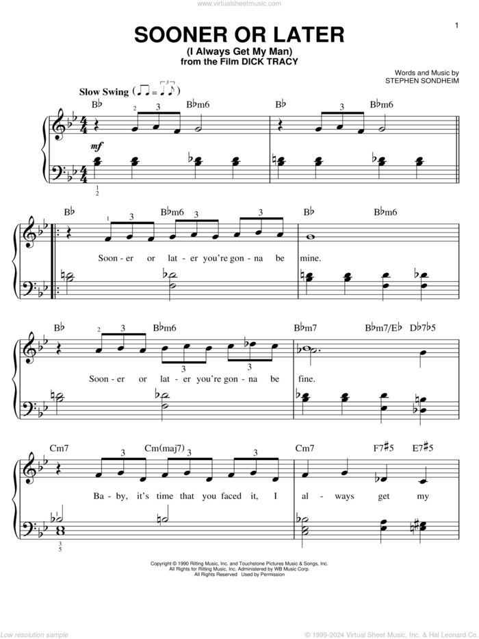 Sooner Or Later (I Always Get My Man) sheet music for piano solo by Stephen Sondheim and Madonna, easy skill level