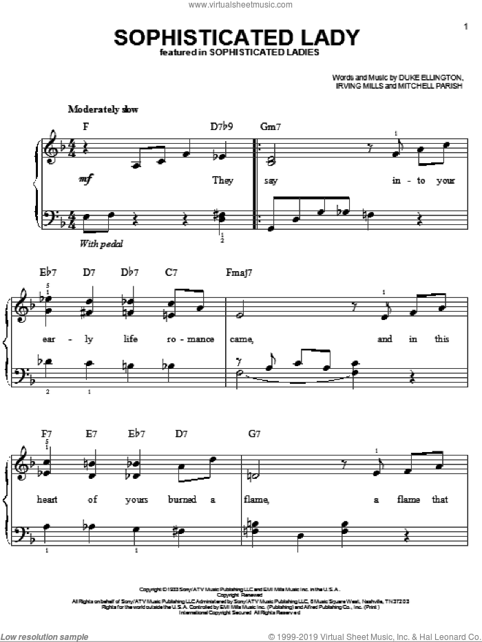 Sophisticated Lady, (easy) sheet music for piano solo by Duke Ellington, Irving Mills and Mitchell Parish, easy skill level