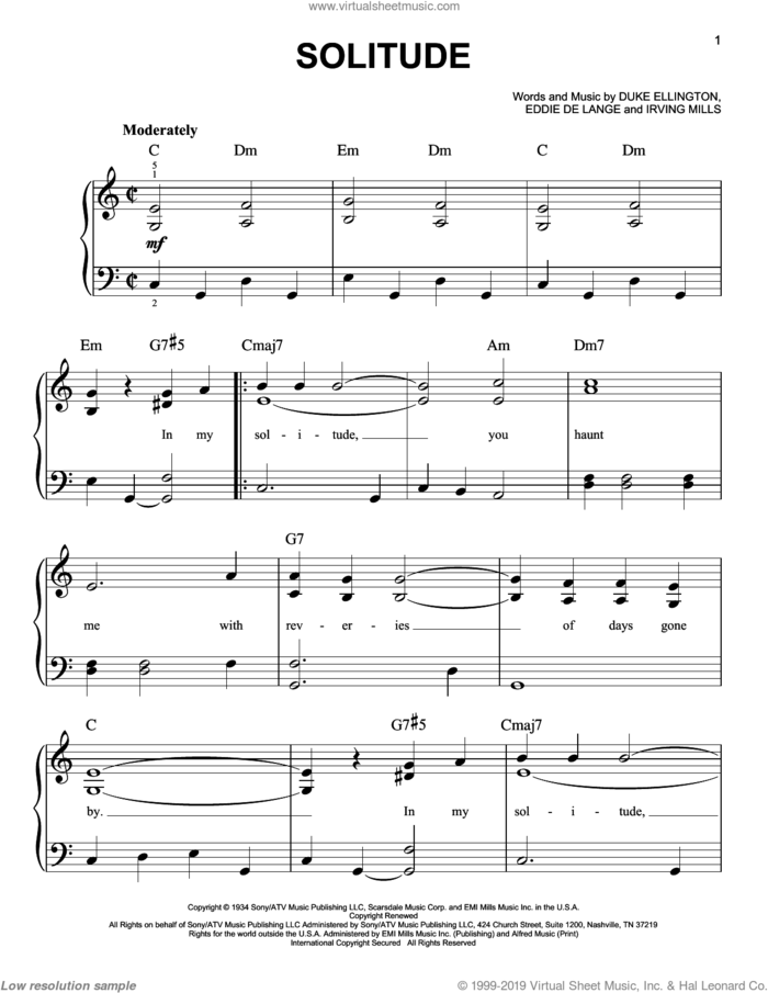 Solitude sheet music for piano solo by Duke Ellington, Eddie DeLange and Irving Mills, easy skill level