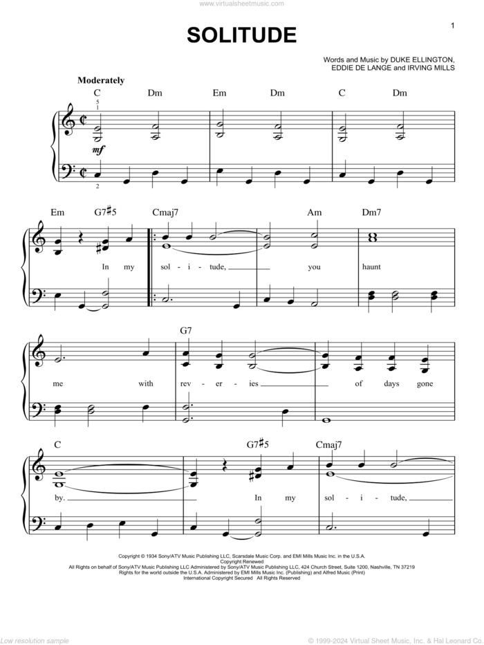 Solitude, (easy) sheet music for piano solo by Duke Ellington, Eddie DeLange and Irving Mills, easy skill level