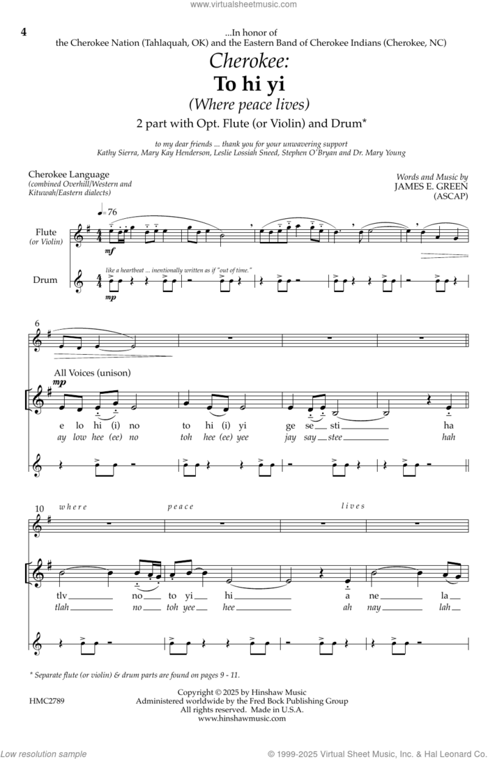 Cherokee: To hi yi (Where Peace Lives) sheet music for choir (2-Part Any) by James E. Green, intermediate skill level