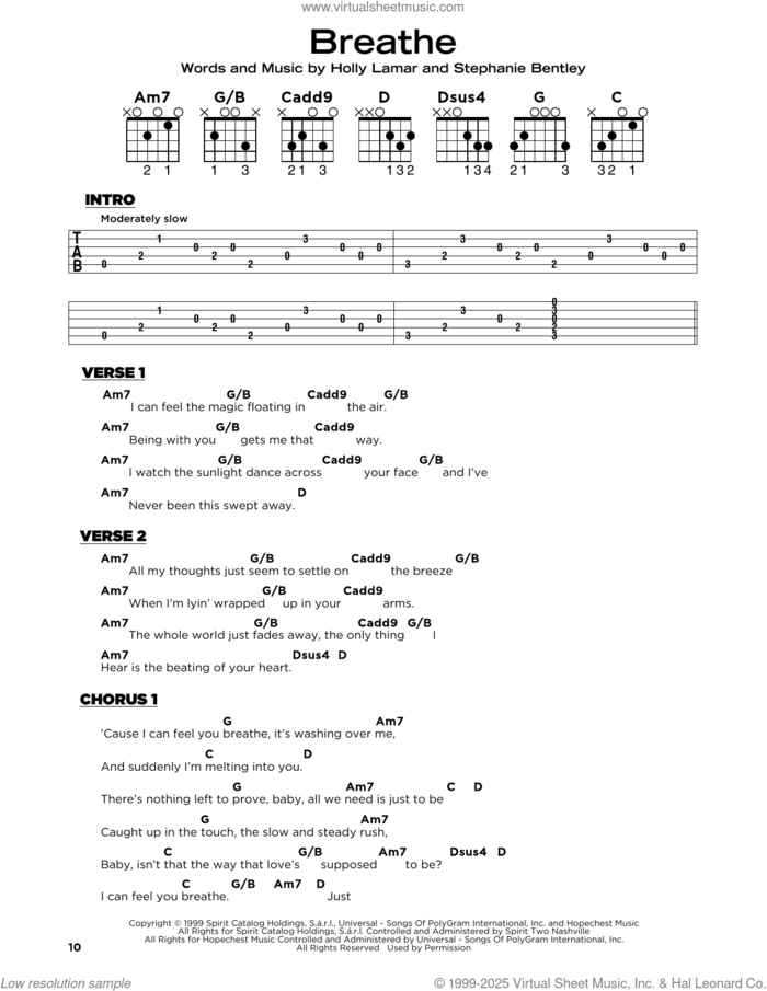 Breathe sheet music for guitar solo by Faith Hill, Holly Lamar and Stephanie Bentley, beginner skill level