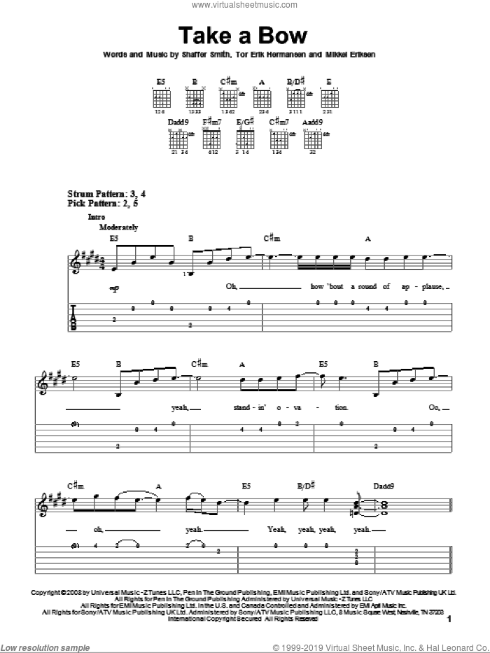 Take A Bow sheet music for guitar solo (easy tablature) by Rihanna, Miscellaneous, Mikkel Eriksen, Shaffer Smith and Tor Erik Hermansen, easy guitar (easy tablature)