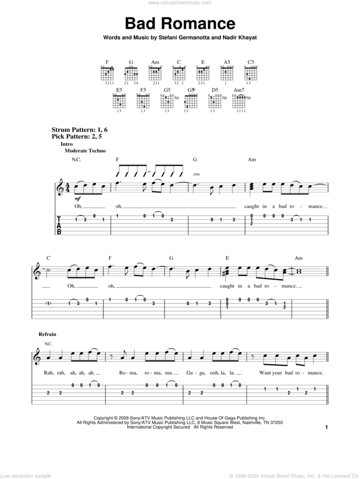 Bad Romance sheet music for guitar solo (easy tablature) by Lady GaGa, Miscellaneous and Nadir Khayat, easy guitar (easy tablature)