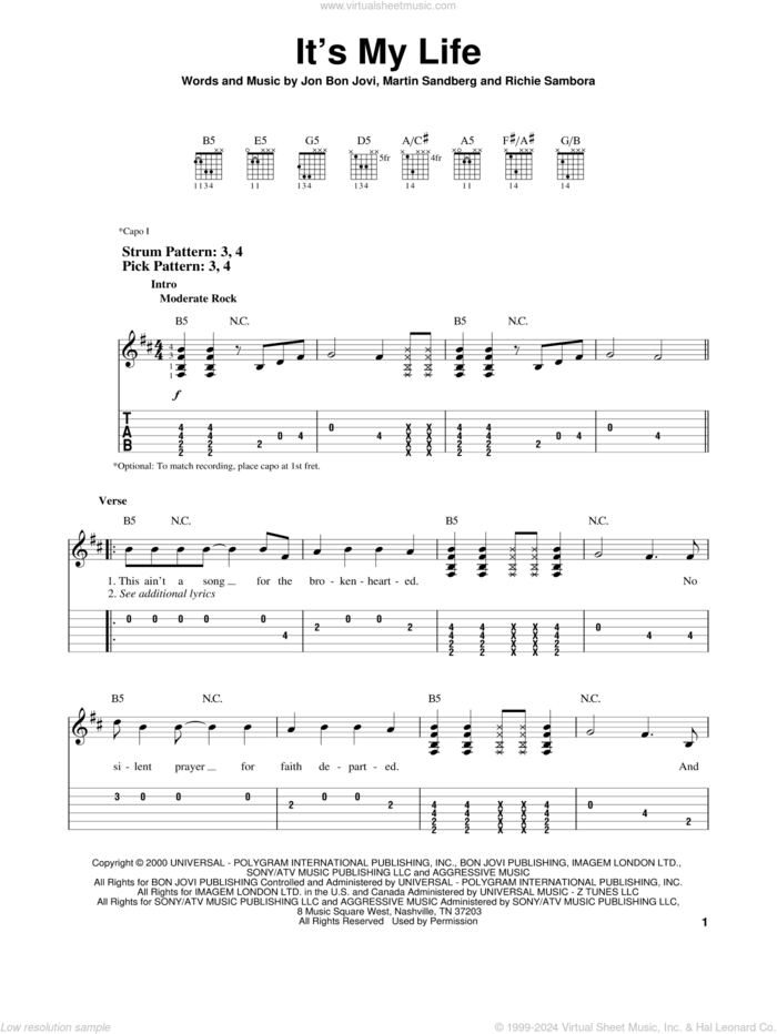 It's My Life sheet music for guitar solo (easy tablature) by Bon Jovi, Miscellaneous, Martin Sandberg and Richie Sambora, easy guitar (easy tablature)