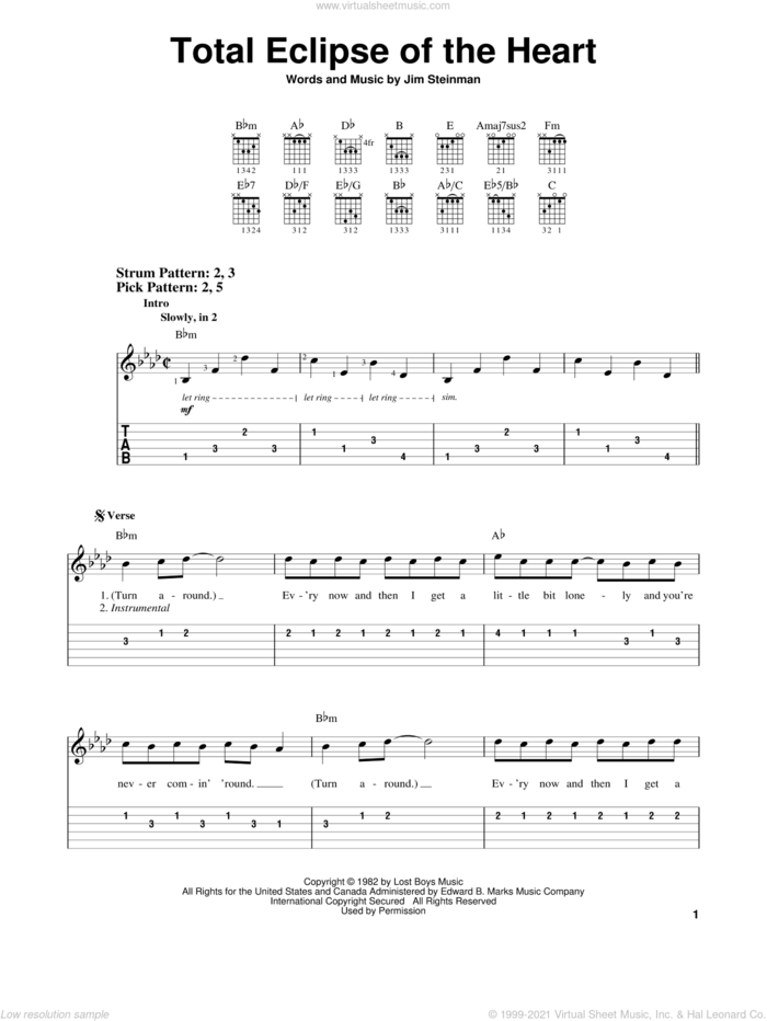 Total Eclipse Of The Heart sheet music for guitar solo (easy tablature) by Bonnie Tyler, Miscellaneous and Jim Steinman, easy guitar (easy tablature)