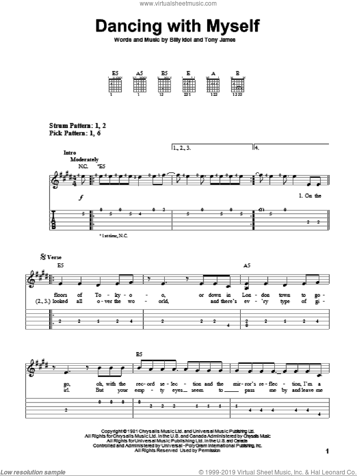 Dancing With Myself sheet music for guitar solo (easy tablature) by Billy Idol, Miscellaneous and Tony James, easy guitar (easy tablature)