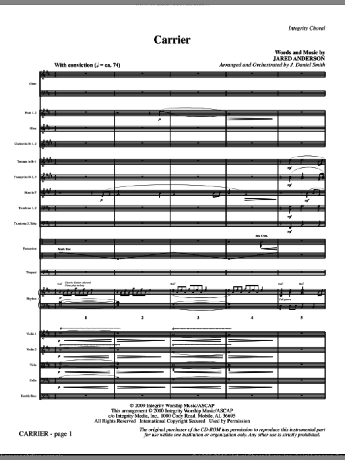 Carrier (complete set of parts) sheet music for orchestra/band (Orchestra) by Jared Anderson and J. Daniel Smith, intermediate skill level