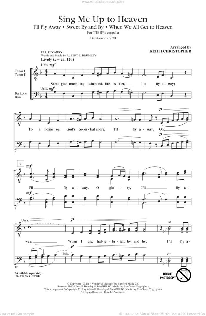 Sing Me Up To Heaven (Medley) sheet music for choir (TTBB: tenor, bass) by Keith Christopher, intermediate skill level