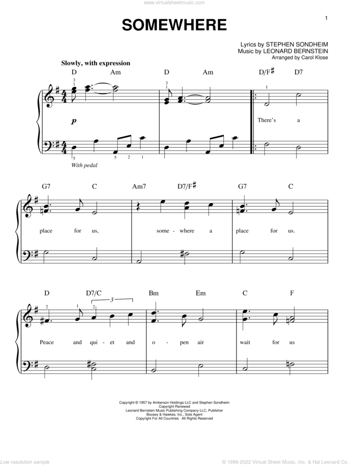 Somewhere (from West Side Story) sheet music for piano solo by Leonard Bernstein, Carol Klose, West Side Story (Musical) and Stephen Sondheim, easy skill level