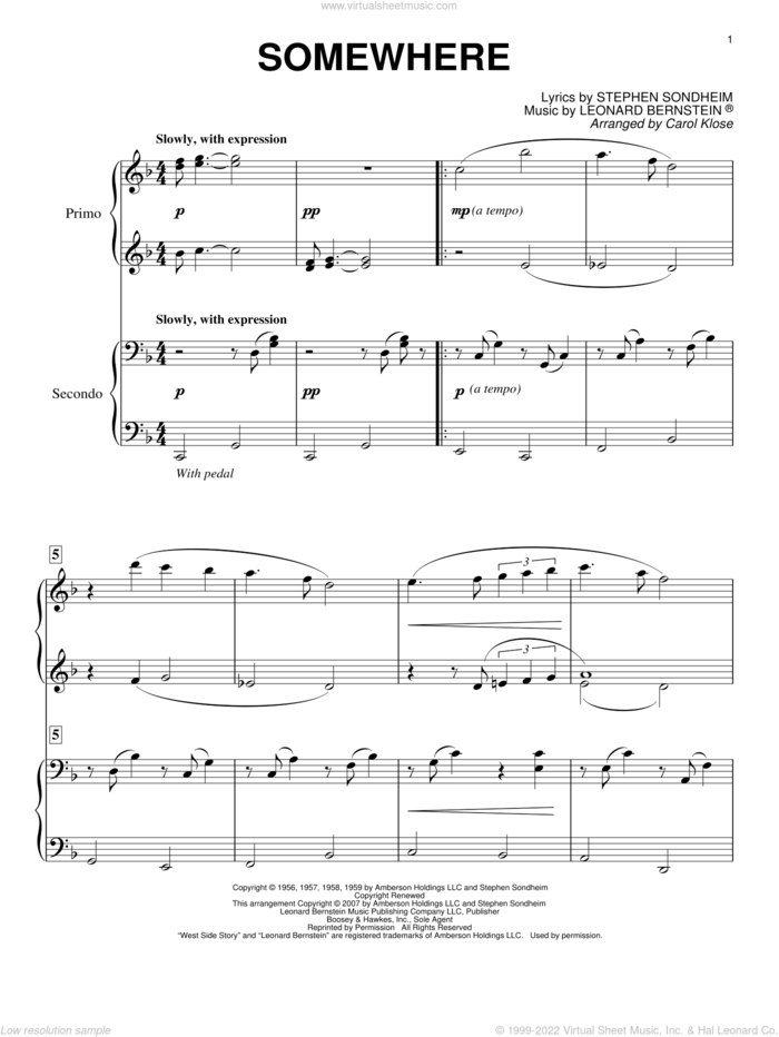 Somewhere sheet music for piano four hands by Leonard Bernstein, Carol Klose, West Side Story (Musical) and Stephen Sondheim, intermediate skill level