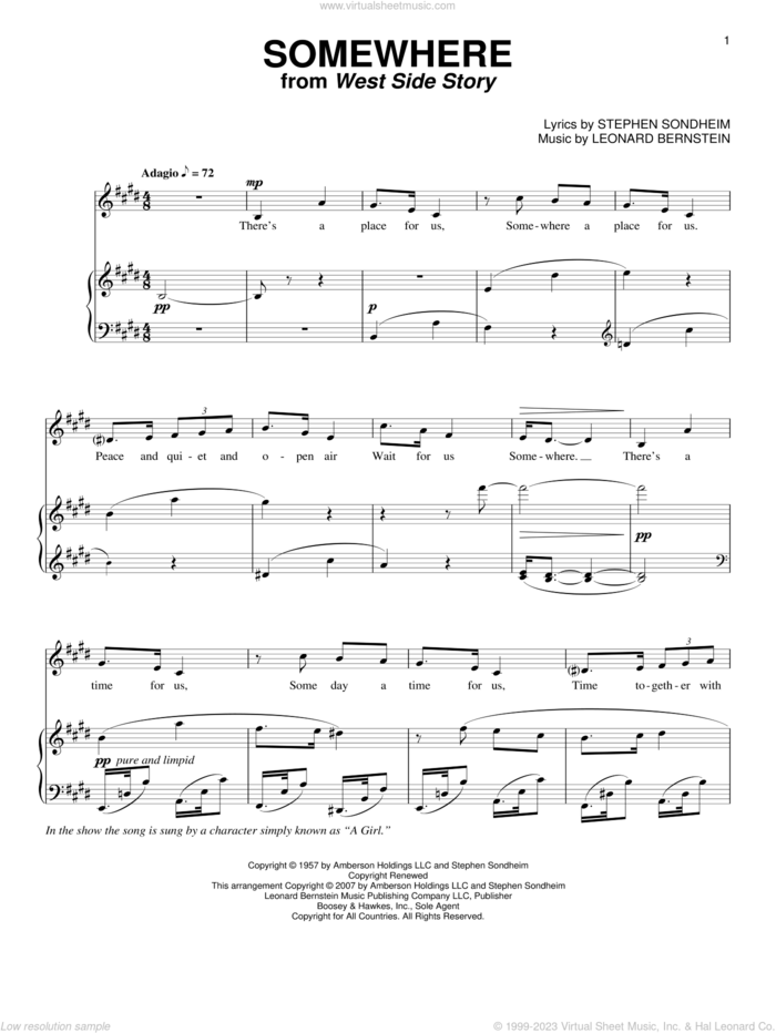 Somewhere (from West Side Story) sheet music for voice and piano by Leonard Bernstein, West Side Story (Musical), Richard Walters and Stephen Sondheim, intermediate skill level