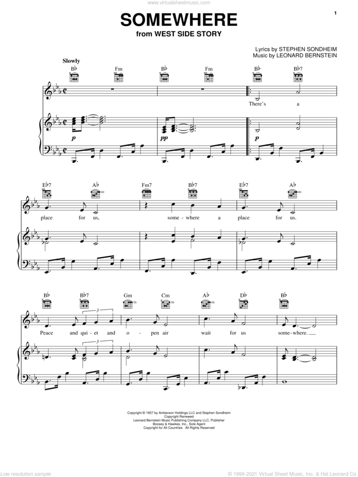 Somewhere sheet music for voice, piano or guitar by Leonard Bernstein, West Side Story (Musical) and Stephen Sondheim, intermediate skill level