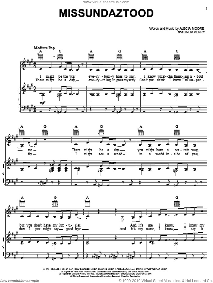 Missundaztood sheet music for voice, piano or guitar , Alecia Moore and Linda Perry, intermediate skill level