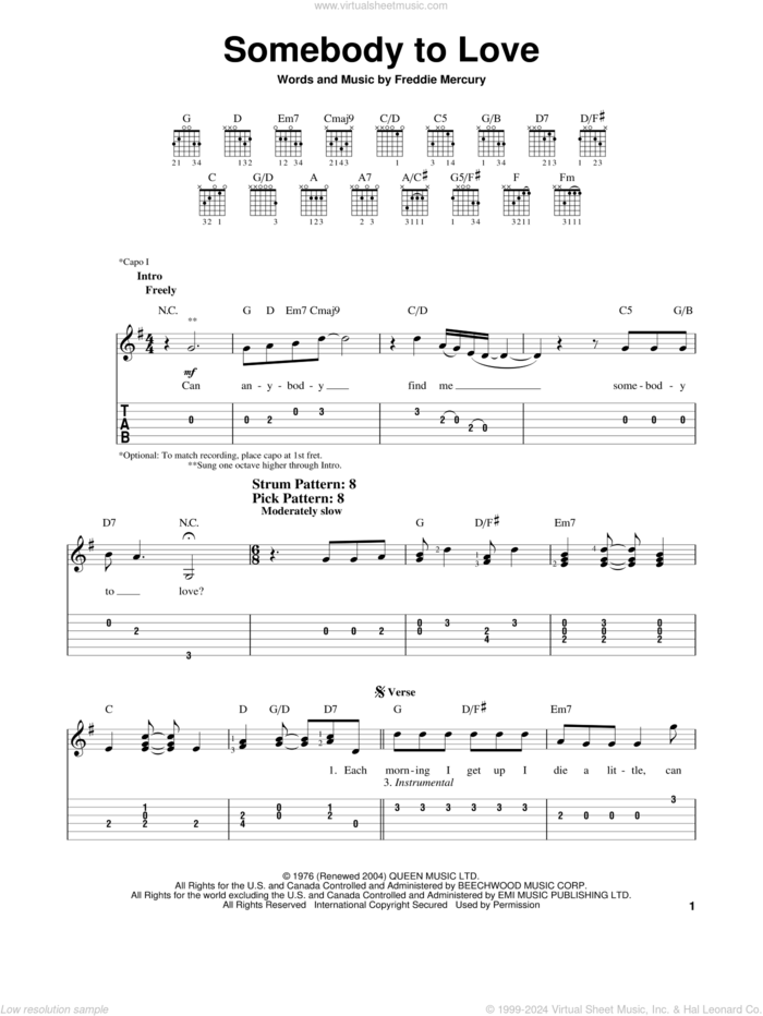 Somebody To Love sheet music for guitar solo (easy tablature) by Queen, Miscellaneous and Freddie Mercury, easy guitar (easy tablature)