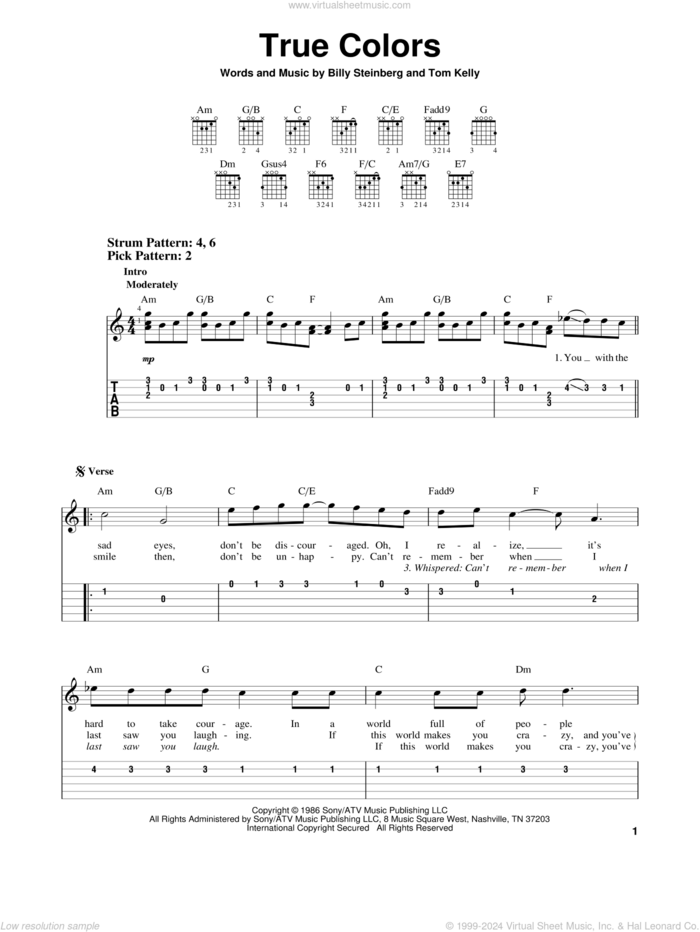 True Colors sheet music for guitar solo (easy tablature) by Cyndi Lauper, Miscellaneous, Phil Collins, Billy Steinberg and Tom Kelly, easy guitar (easy tablature)