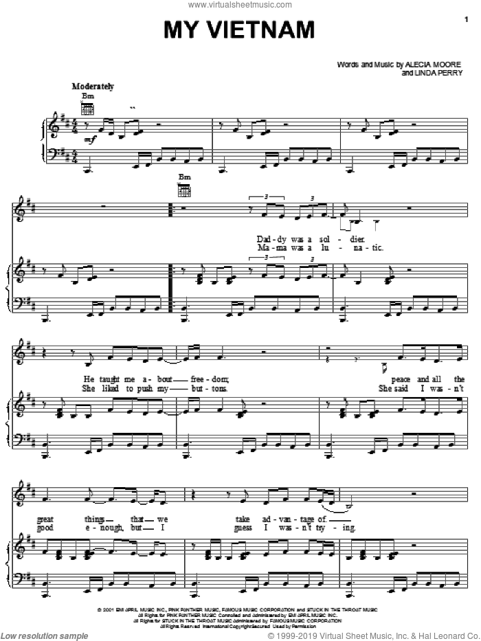 My Vietnam sheet music for voice, piano or guitar , Alecia Moore and Linda Perry, intermediate skill level
