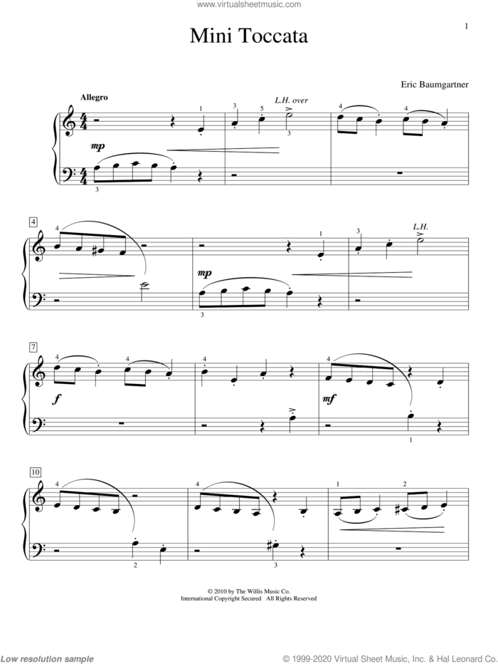 Mini Toccata sheet music for piano solo (elementary) by Eric Baumgartner, classical score, beginner piano (elementary)