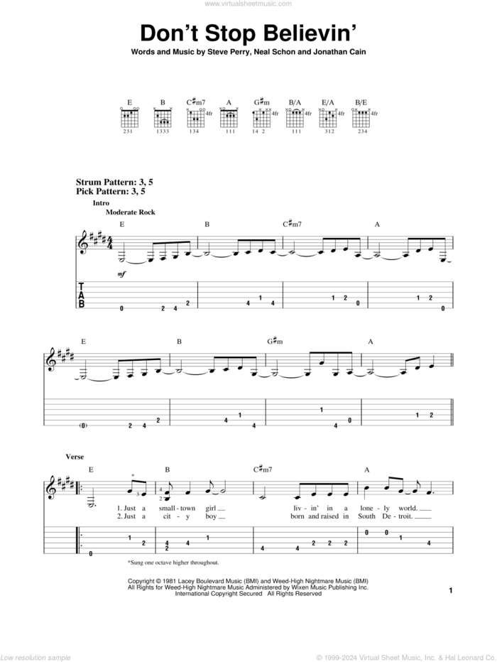 Don't Stop Believin' sheet music for guitar solo (easy tablature) by Glee Cast, Journey, Miscellaneous, Jonathan Cain, Neal Schon and Steve Perry, easy guitar (easy tablature)