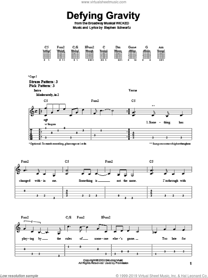 Defying Gravity (from Wicked) sheet music for guitar solo (easy tablature) by Stephen Schwartz, Miscellaneous and Wicked (Musical), easy guitar (easy tablature)