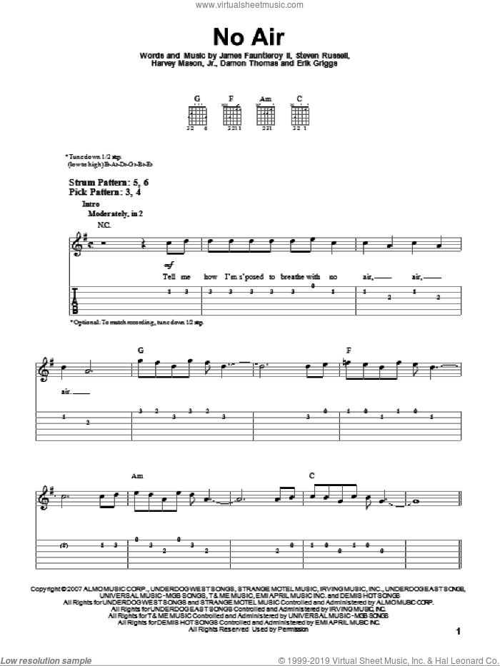 No Air sheet music for guitar solo (easy tablature) by Jordin Sparks with Chris Brown, Chris Brown, Jordin Sparks, Miscellaneous, Damon Thomas, Erik Griggs, Harvey Mason, Jr., James Fauntleroy and Steven Russell, easy guitar (easy tablature)