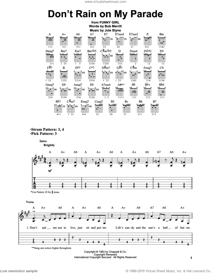 Don't Rain On My Parade sheet music for guitar solo (easy tablature) by Bob Merrill, Barbra Streisand, Glee Cast, Miscellaneous and Jule Styne, easy guitar (easy tablature)