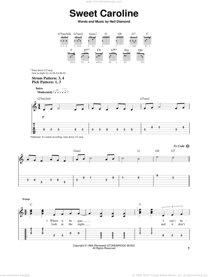 Sweet Caroline sheet music for guitar solo (easy tablature) by Glee Cast, Miscellaneous and Neil Diamond, easy guitar (easy tablature)