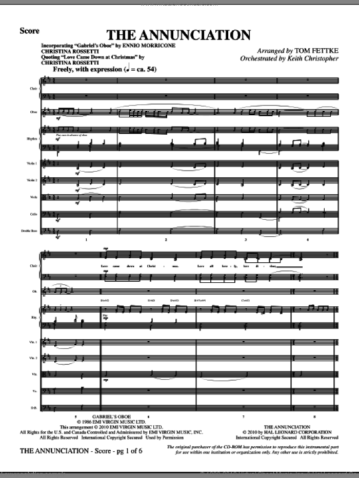 The Annunciation (incorporating Gabriel's Oboe) (complete set of parts) sheet music for orchestra/band (Strings) by Ennio Morricone, Tom Fettke and Christina Rossetti, intermediate skill level
