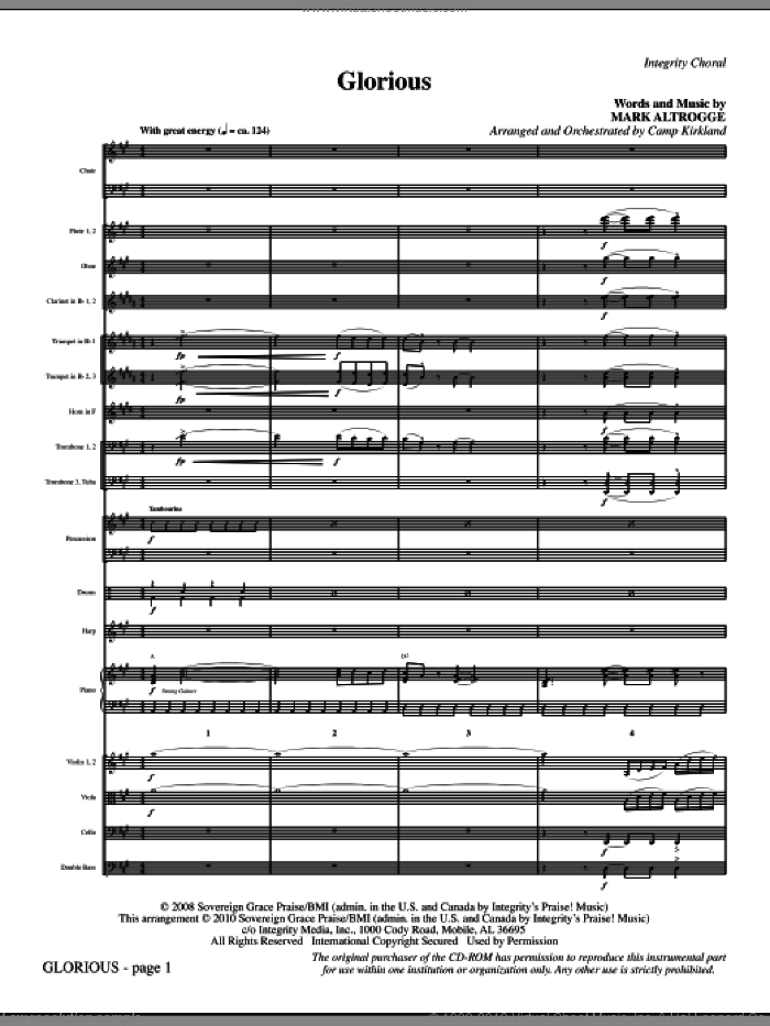 Glorious (complete set of parts) sheet music for orchestra/band (Orchestra) by Camp Kirkland and Mark Altrogge, intermediate skill level