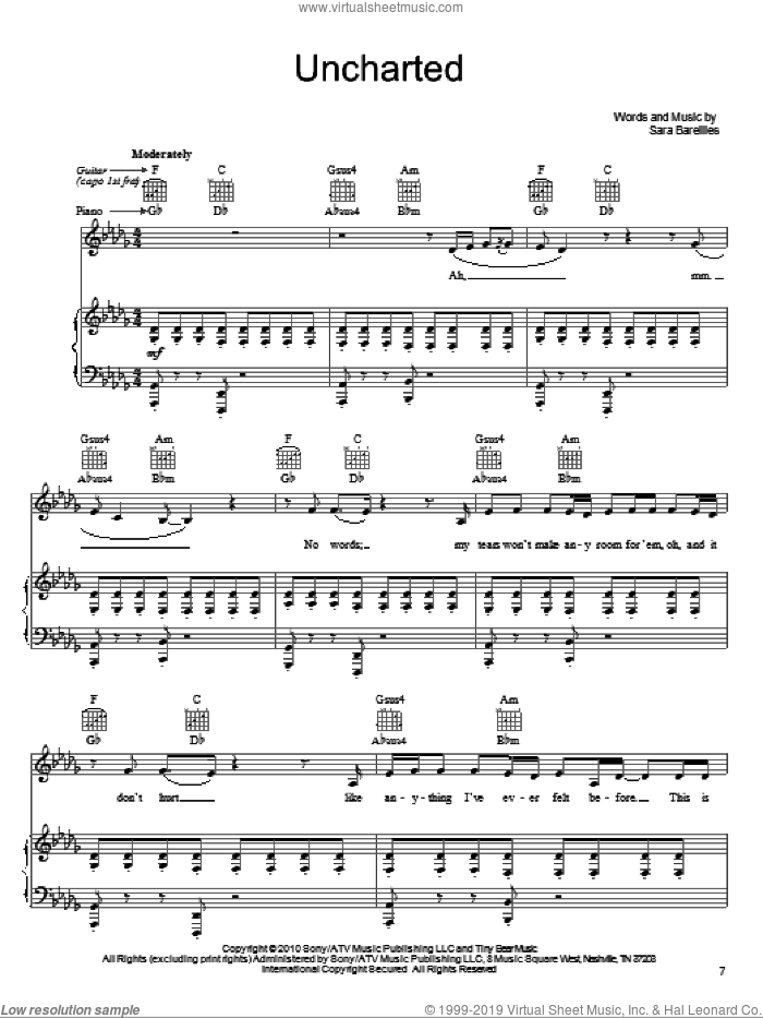Uncharted sheet music for voice, piano or guitar by Sara Bareilles, intermediate skill level