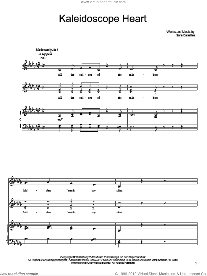 Kaleidoscope Heart sheet music for voice, piano or guitar by Sara Bareilles, intermediate skill level