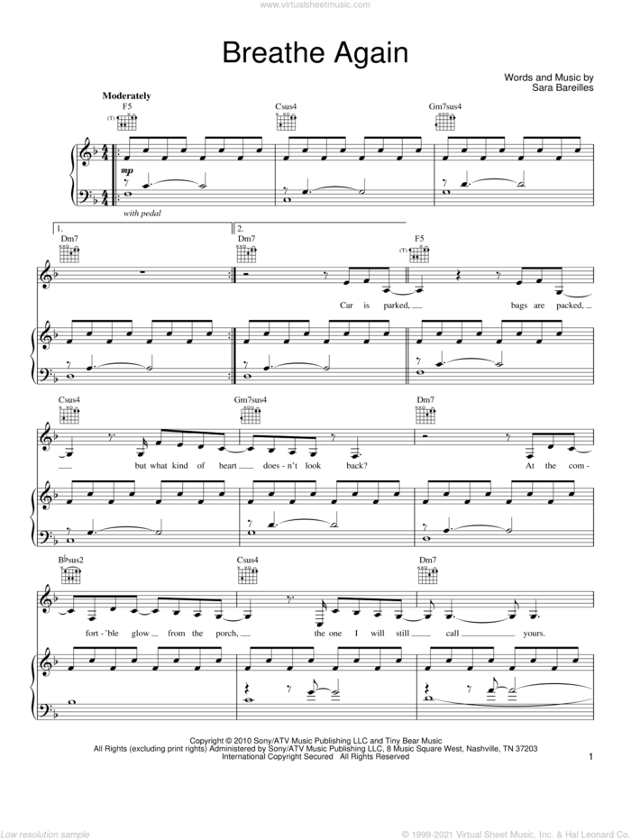 Breathe Again sheet music for voice, piano or guitar by Sara Bareilles, intermediate skill level