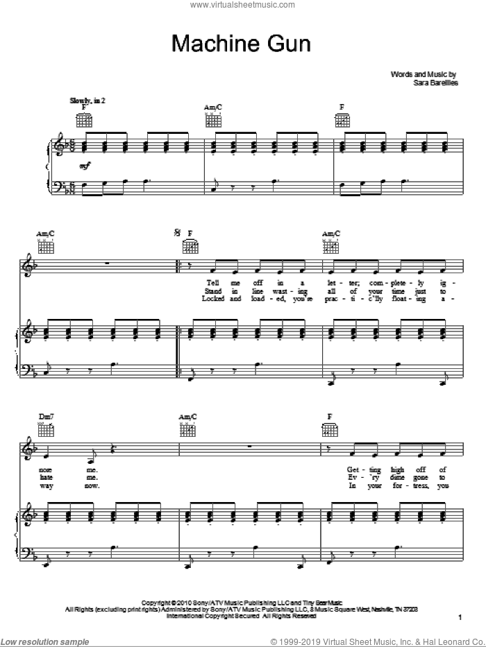 Machine Gun sheet music for voice, piano or guitar by Sara Bareilles, intermediate skill level
