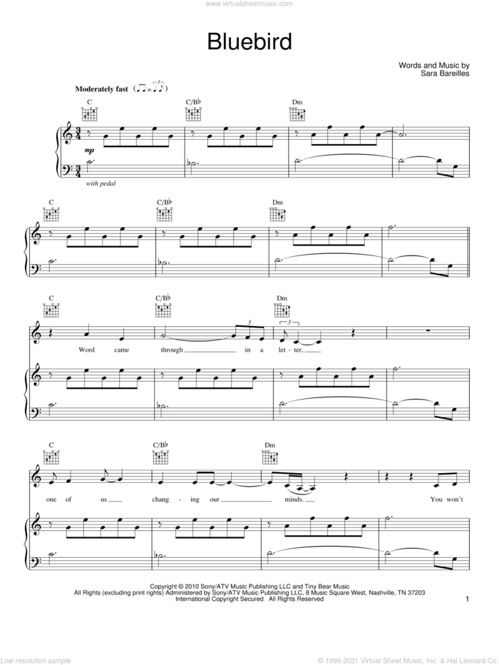 Bluebird sheet music for voice, piano or guitar by Sara Bareilles, intermediate skill level