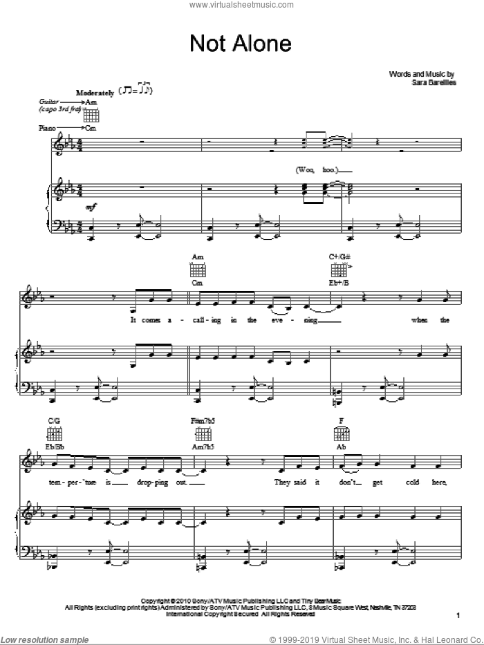 Not Alone sheet music for voice, piano or guitar by Sara Bareilles, intermediate skill level