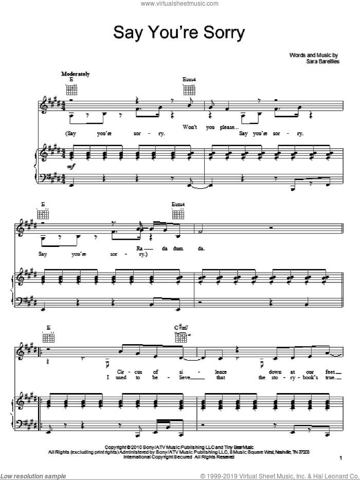 Say You're Sorry sheet music for voice, piano or guitar by Sara Bareilles, intermediate skill level