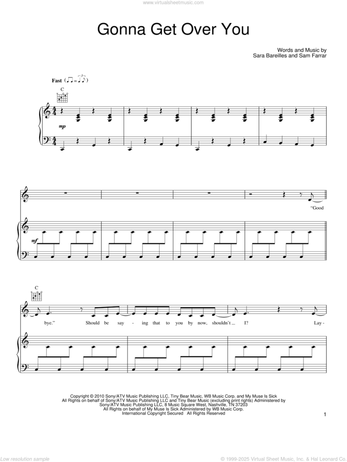 Gonna Get Over You sheet music for voice, piano or guitar by Sara Bareilles and Sam Farrar, intermediate skill level