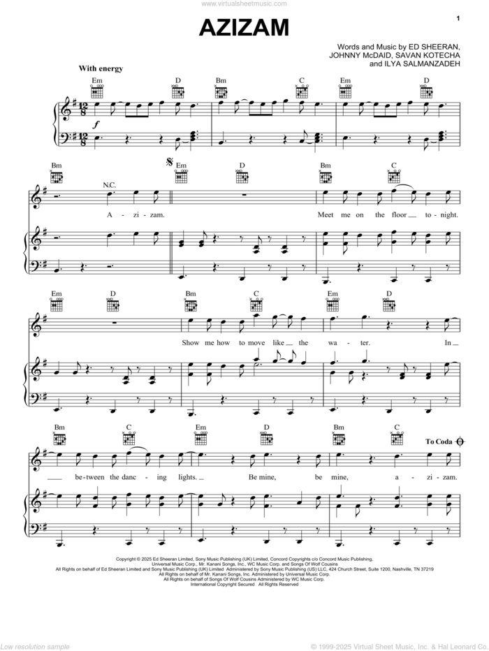 Azizam sheet music for voice, piano or guitar by Ed Sheeran, Ilya Salmanzadeh, Johnny McDaid and Savan Kotecha, intermediate skill level