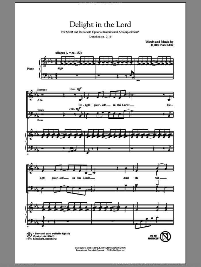 Delight In The Lord sheet music for choir (SATB: soprano, alto, tenor, bass) by John Parker, intermediate skill level